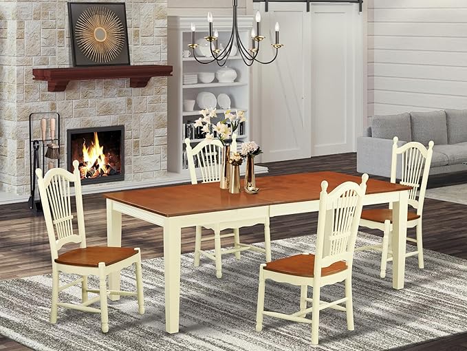 East West Furniture QUDO5-WHI-W 5 Piece Dinette Set for 4 Includes a Rectangle Dining Table with Butterfly Leaf and 4 Dining Room Chairs, 40x78 Inch, Buttermilk & Cherry