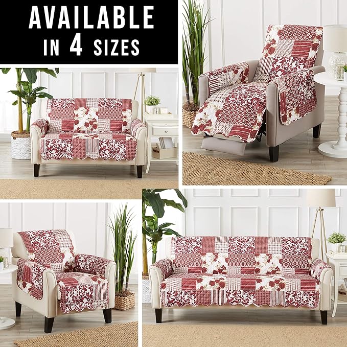 Great Bay Home Patchwork Scalloped Printed Furniture Protector Stain Resistant Sofa Cover (Sofa, Burgundy)