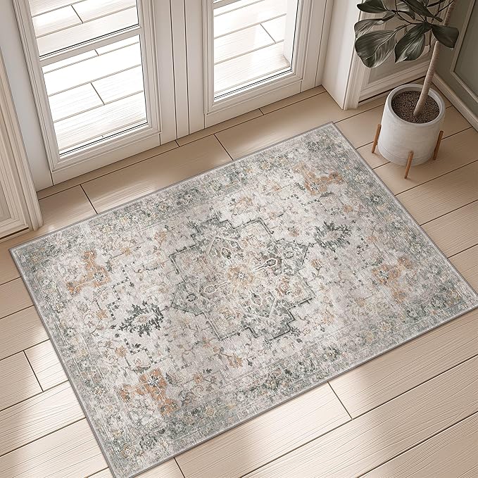 GENIMO 29"x17" Area Rugs for Living Room, Machine Washable Non Slip Vintage Rugs, Low Pile Soft Chenille Print Rug for Bedroom, Dining Room, Home Office, Light Taupe Brown