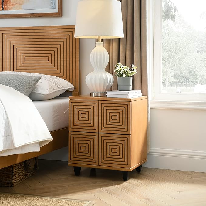 MUSEHOMEINC Wood Nightstand with 2 Drawer Storage, Modern Wood Bedside Table, Night Stand with Two Unique Geometric Details Drawers for Bedroom,Living Room