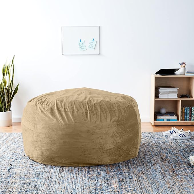 Sofa Sack Bean Bag Chair Cover Only, for Adults and Kids, Without Filling Comfy Fluffy Round or Oval Beanbag Chair Cover Replacement, Lazy Sofa Cover for Reading Chair or Floor Chair, 5-Feet, Camel