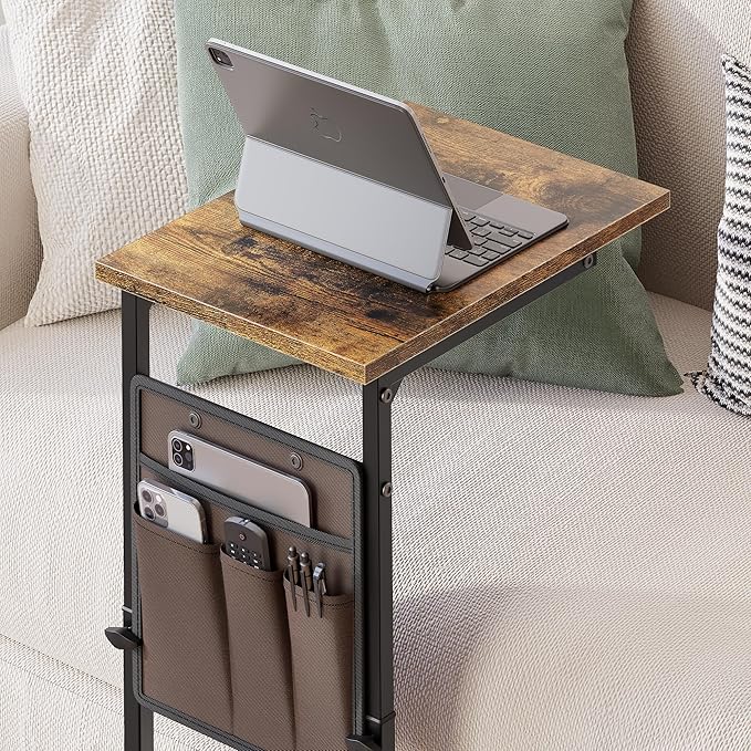 Vagusicc C Shaped End Table, 33"Tall Side Table for Couch, Adjustable Height Sofa Table Small Couch Side Tables, Slide Under Recliner TV Tray Arm Tables with Metal Frame for Living Room,Bedroom,Brown