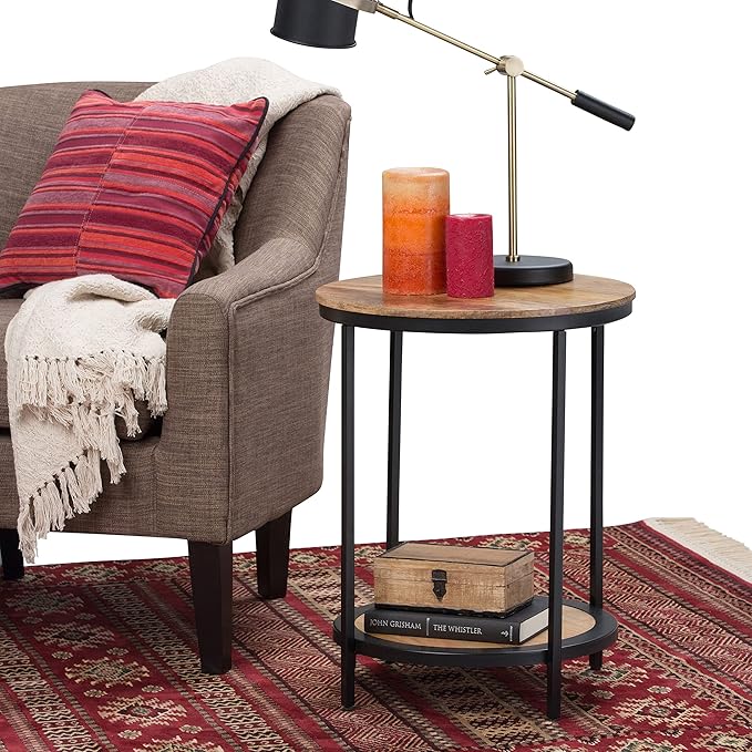 SIMPLIHOME Jenna Industrial 18 inch Wide Metal Round Accent Side Table in Natural for the Living Room and Bedroom