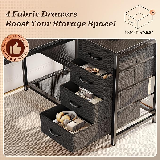 PRAISUN 43.3" Small Computer Desk with Power Outlets and USB-C Port, Reversible L Shaped Corner Office Desk with 4 Fabric Drawers and 2 Height-Adjustable Shelves, for Gaming Writing, Black