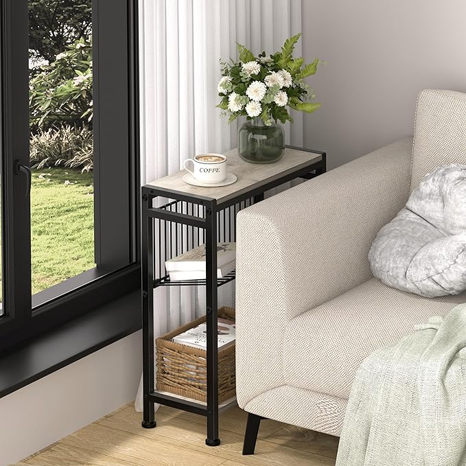 Small Side Table Set of 2 for Small Space, 3-Tier Narrow End Table with Magazine Holder, Slim Nightstand, Skinny Snack Couch Table in Living Room, Bedroom, Kitchen and Balcony (Greige)