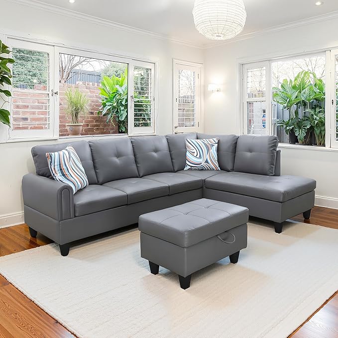 NicBex Sectional Couch 3 Pieces Sofa Set with Left Chaise Faux Leather L Shaped Cloud Couch for Living Room Furniture Sets with Storage Ottoman, Modular Sofa for Living Room & Apartment, Gray