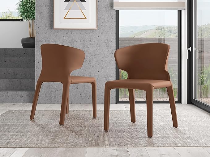 Manhattan Comfort Conrad Mid Century Modern Dining Chairs Woven Tweed Upholstered Kitchen Furniture with Contoured Back, Foam Padding & Metal Legs, Set of 2, Saddle