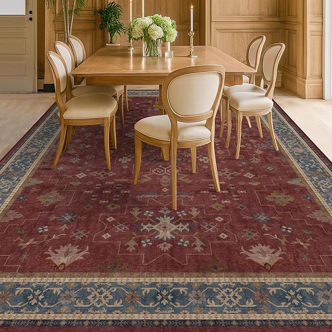 Moroccan Big Rugs for Living Room - Dark Red 10x12 Area Rug for Large Bedroom, Dining Room, Washable Lightweight Foldable Oriental Burgendy Home Décor