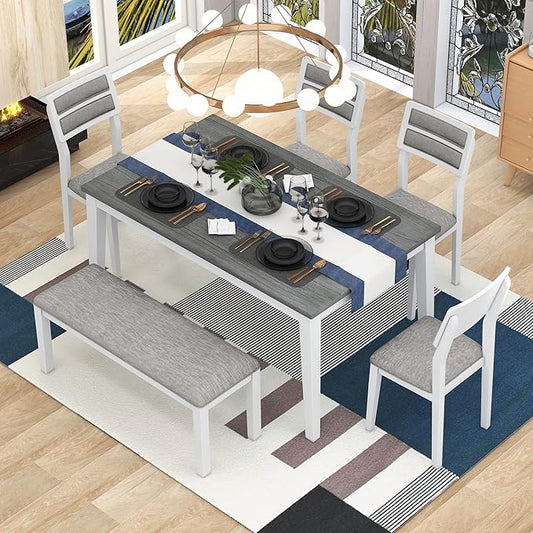 Ball & Cast 6-Piece Dining Table Set for 6,Kitchen Table Set W/ 4 Upholstered Chairs & 1 Bench,Living Room Furniture W/ 60" Rectangle Table & Foot Pad,for Dining Room,Kitchen,Restaurant,White+Gray