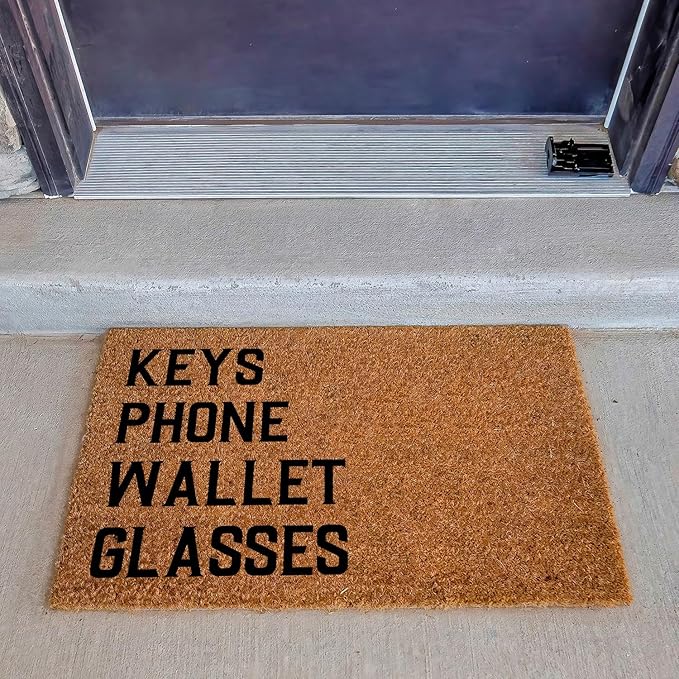 Funny Coir Doormat Keys Phone Wallet Glasses Front Door Mat Entryway Outdoor Mat with Heavy Duty Front Porch Decor Welcome Mats House Warming Gift Doormat Entry Natural Coir Mat 23.7 x 15.7 inch