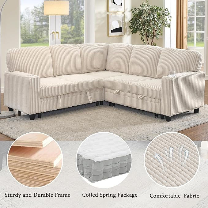 Ball & Cast Modular Sectional Sleeper Sofa Bed,L-Shaped Couch W/Pull Out Bed and USB Charging,Cupholders&Storage Seats,Convertible Sleeper Sofa Beds for Living Room,Apartment,Corduroy Fabric,Beige,81"