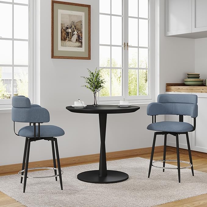 Swivel Bar Stools Set of 2, Counter Height Bar Stools with Ergonomic Full Back, Upholstered Linen Fabric Barstools with Chrome Metal Footrest for Kitchen Island, Dining Room