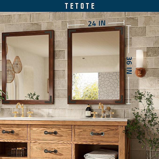 TETOTE 24 x 36 Walnut Wood Framed Mirror for Bathroom Wall/Bedroom/Living Room/Entryway Farmhouse Rustic Bathroom Vanity Mirror Waterproof (Horizontal/Vertical Mounted)