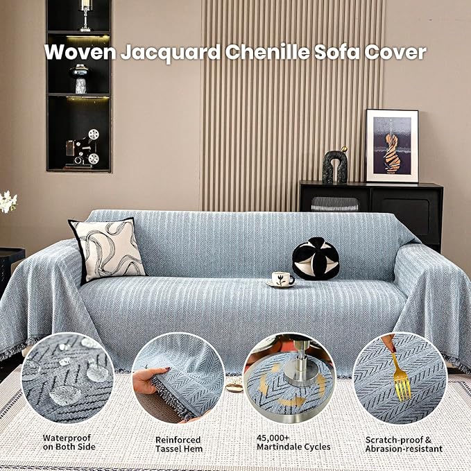 Nobildonna Sofa Cover Washable Soft Thicken Chenille Couch Cover with Tassel,Waterproof Sofa Slipcover for 3-4 Cushion Couch,Sectional Sofa,L-Shaped Furniture Protector Pet-Friendly,Dusty Blue71 x150