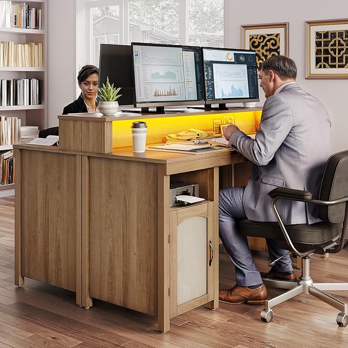 DWVO Farmhouse Office Desk with Drawer & Power Outlets, Rattan Computer Desk w/LED Strip & Monitor Stand for Bedchamber Study, Home Office Table w/Storage Cabinet for Working Writing Gaming (Oak)