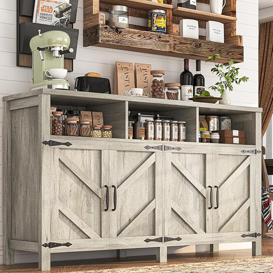 Buffet Cabinet with Storage Farmhouse with 4 Doors, 55'' Large Kitchen Storage Cabinet Wood Coffee Bar Buffet Sideboard for Kitchen, Dining Room, Entryway