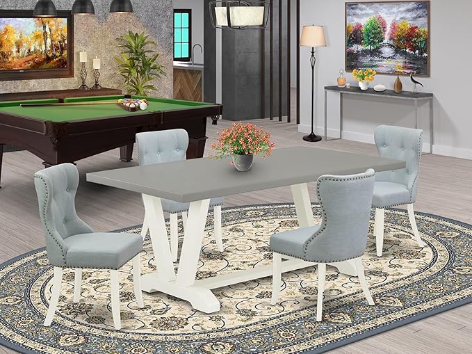 East West Furniture V097SI215-5 5 Piece Dining Table Set for 4 Includes a Rectangle Kitchen Table with V-Legs and 4 Baby Blue Linen Fabric Upholstered Chairs, 40x72 Inch, Multi-Color
