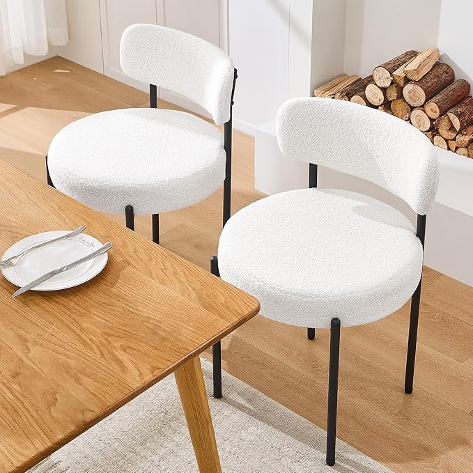 Dining Chairs Set of 2, White Boucle Dining Chair, Curved Backrest Upholstered Dining Room Chairs with Black Metal Legs, Mid Century Modern Dining Chairs for Kitchen, Living Room, White