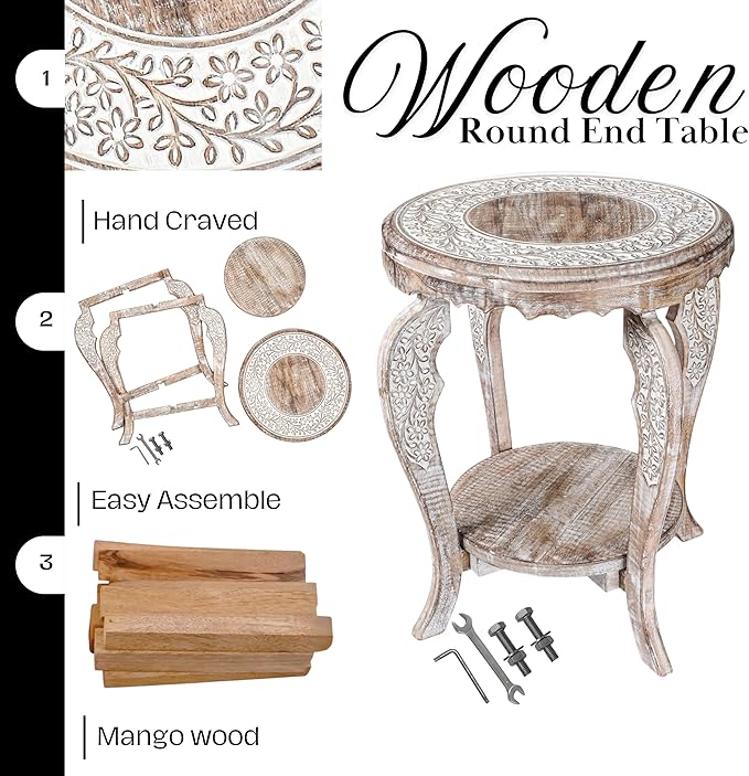 The Wooden Town Farmhouse Round Accent End Table,Rustic Side Table Nightstands for Living Room Bedroom,Coffee Tables,Wood Tray Top,Handcrafted Finish, 18"x22" - White Wash