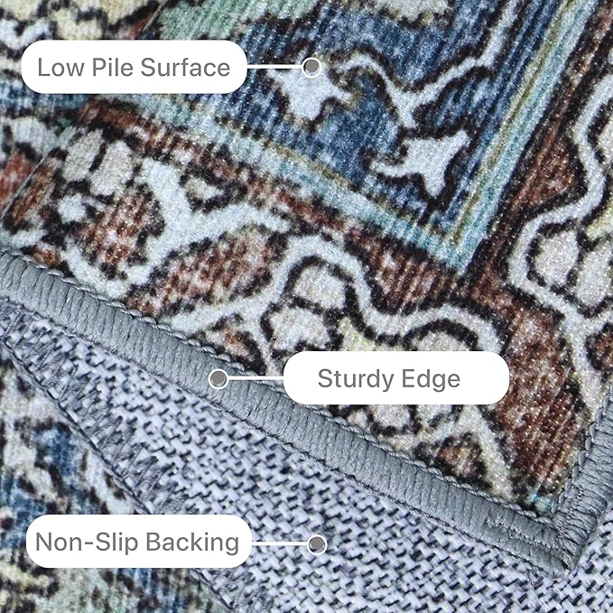 9X12 Area Rugs Machine Washable Rugs for Living Room, Vintage Boho Large Rugs for Bedroom Dining Room, Non Slip Indoor Soft Distressed Lightweight Thin Low Pile Carpet, Vintage Blue