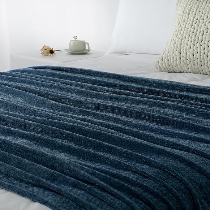 Chenille Throw Blanket for Couch 50"X 60", Soft Cozy Throws with Fringe Tassel for Bed Sofa Chair Cover, Lightweight Knitted Decorative Boho Blankets for Living Room, Navy Blue