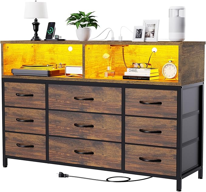 Dresser for Bedroom, Led Dresser TV Stand with Power Outlets and LED Lights, Long Fabric Dressers Wide Chest of Drawers with Large Organizer for Living Room, Entryway, Hallway,Rustic Brown