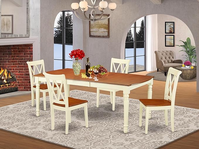 East West Furniture DOCL5-BMK-W 5 Piece Dining Set Includes a Rectangle Dining Room Table with Butterfly Leaf and 4 Wood Seat Chairs, 42x78 Inch, Buttermilk & Cherry