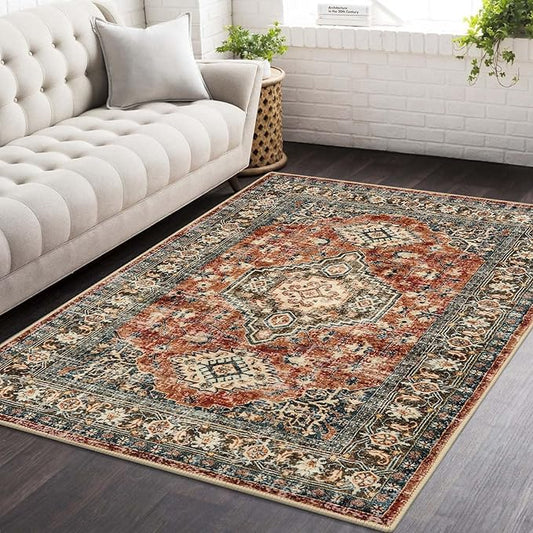 Lahome Oriental Area Rug, 3x5 Washable Rugs for Living Room Non Slip Entry Mat, Vintage Soft Pet Friendly Throw Carpet for Entryway Bedroom Dinning Room, Brick Red