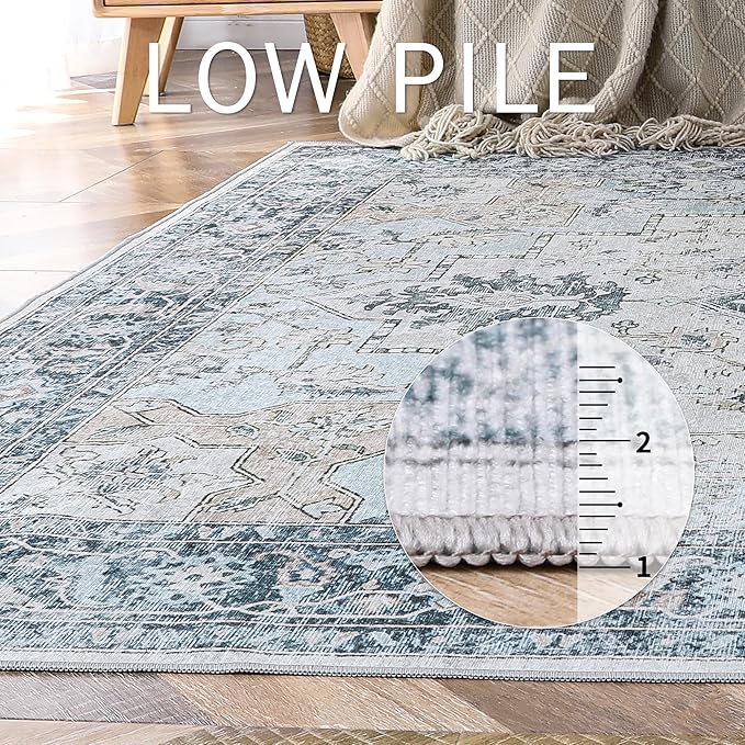 GENIMO Runner Rug 2x10, Machine Washable Vintage Runner Carpet, Non Slip Hallway Rug, Low Pile Lightweight Rugs for Entryway, Hallway, Kitchen and Corridor, Blue