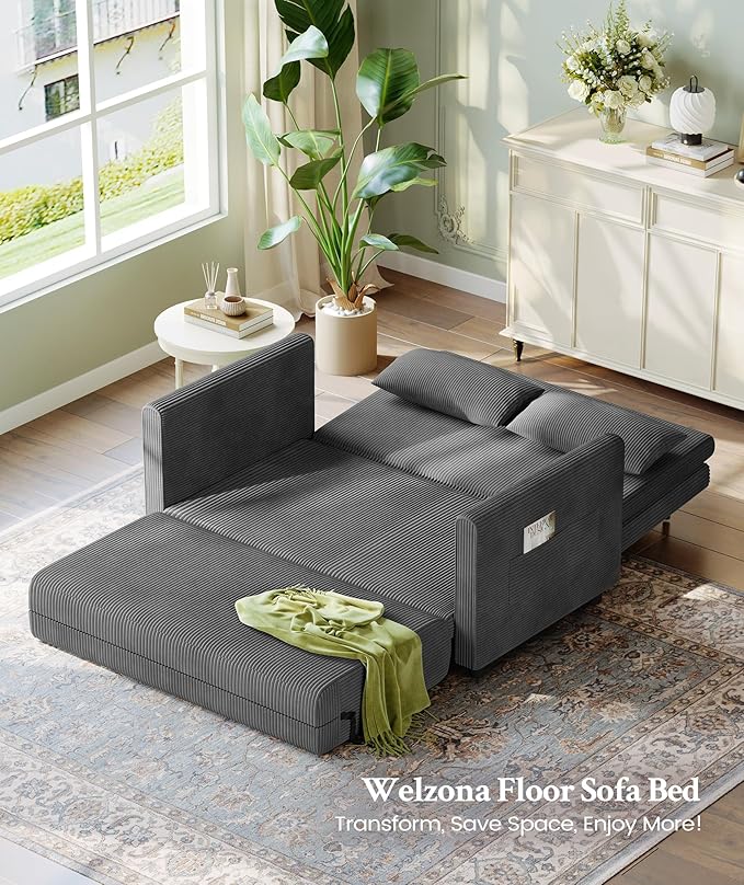 53” Convertible Sofa Bed Couch, Corduroy Couch Bed, 6-Position Loveseat Sleeper Sofa, Love Seat Sleeper Bed 23.6" Extra Deep Seat, Modern Couches for Living Room/Apartment/Home/Office, Grey