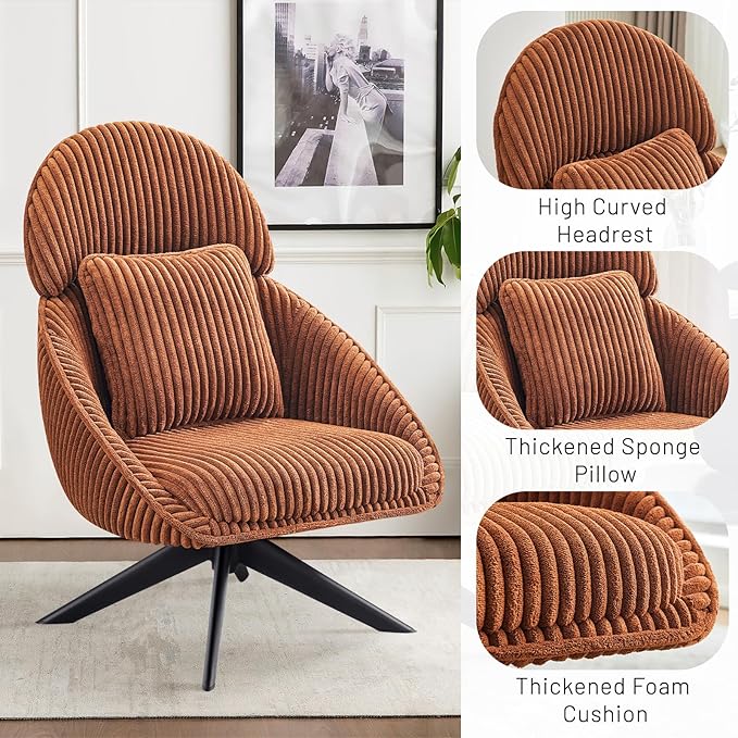 Furniliving Large Swivel Accent Chair Modern Arm Chair Sofa Chair with Pillow Living Room Chair Bedroom Chair with Headrest Comfy Desk Chair Upholstered Chairs for Rest Room, Corduroy, Orange