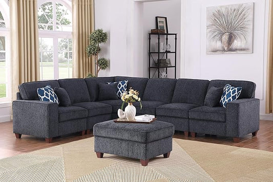 116" Convertible Sectional Couch with Movable Ottoman and 6 Throw Pillows,Chenille Upholstered Comfy Sofa 7 Seater,L-Shaped,Free Combination,Easy Assembly for Living Room,Apartment,Dark Gray