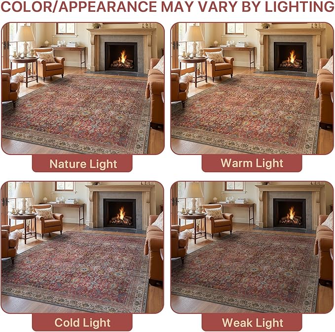 9X12 Area Rugs Machine Washable Rugs for Living Room, Vintage Boho Large Rugs for Bedroom Dining Room, Non Slip Indoor Soft Distressed Lightweight Thin Low Pile Carpet, Rust Red