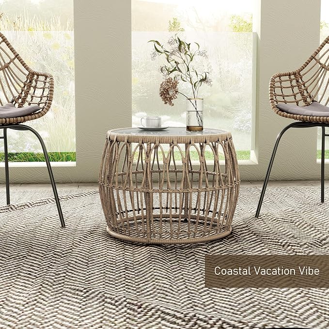 Muse & Lounge Co. Ysar Boho Rattan Round Coffee Table Outdoor with 5mm Tempered Glass Top, All-Weather and Rust Resistant Patio Furniture
