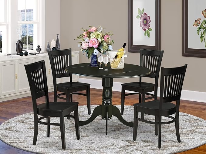East West Furniture DLVA5-BLK-W 5 Piece Dining Set Includes a Round Dining Room Table with Dropleaf and 4 Kitchen Chairs, 42x42 Inch, Black