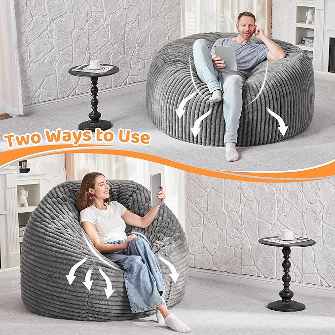 HABUTWAY 3FT Bean Bag Chair, 3' Large Bean Bag Chairs for Adults with Removable Stripe Plush Cover, Memory Foam Beanbag Chair for Living Room Bedroom Dorm (Grey)