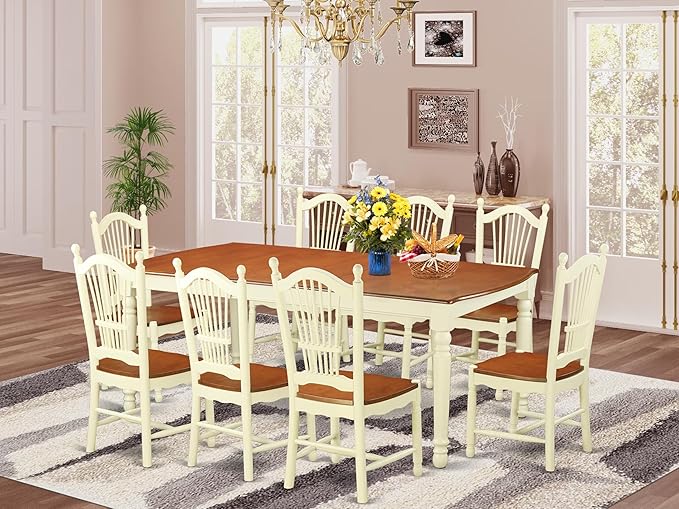 East West Furniture DOVE9-WHI-W 9 Piece Dining Room Table Set Includes a Rectangle Kitchen Table with Butterfly Leaf and 8 Dining Chairs, 42x78 Inch, Buttermilk & Cherry