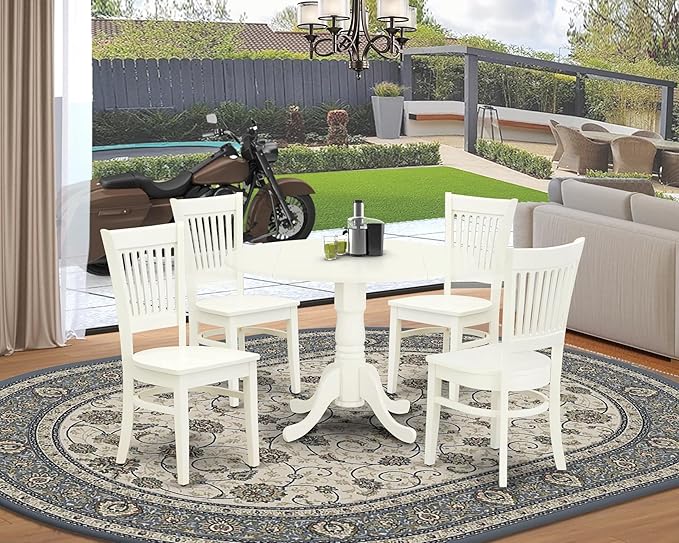 East West Furniture DLVA5-LWH-W 5 Piece Kitchen Table & Chairs Set Includes a Round Dining Room Table with Dropleaf and 4 Dining Chairs, 42x42 Inch, Linen White