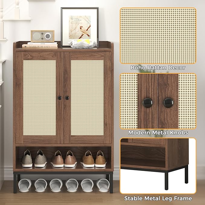 Rattan Shoe Cabinet Storage for Entryway, Shoe Cabinet with Adjustable Shelves for Entryway, 5-Tier, 20 Pair Shoe Rack Storage for Hallway, Closet, Living Room, Brown