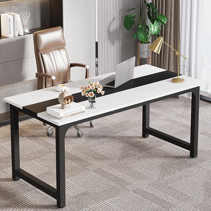 LITTLE TREE 70.8 Inch X-Large Executive Computer Office Desk, White+Black
