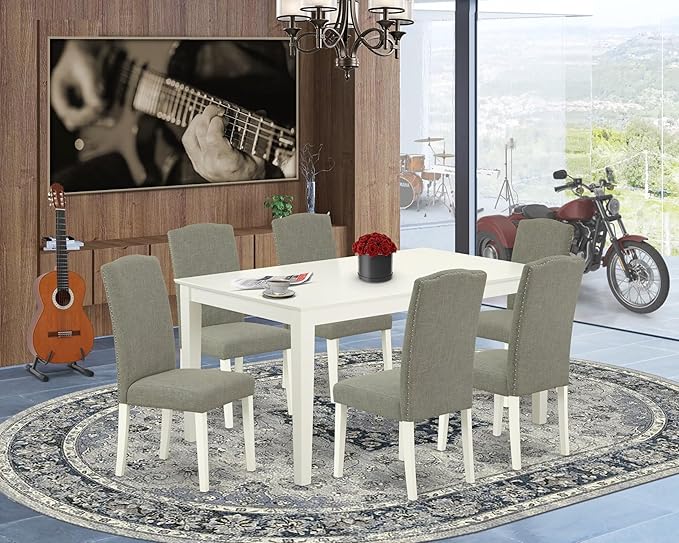 East West Furniture CAEN7-LWH-06 7 Piece Dining Room Furniture Set Consist of a Rectangle Dining Table and 6 Dark Shitake Linen Fabric Parsons Chairs, 36x60 Inch, Linen White
