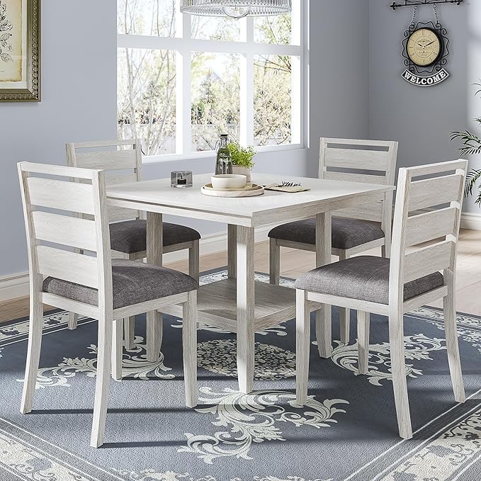 5-Piece Solid Wood Dining Table Set for 4, Modern Breakfast Dinette Kitchen Table with Bench & Chairs for Dining Room, Kitchen, Grey