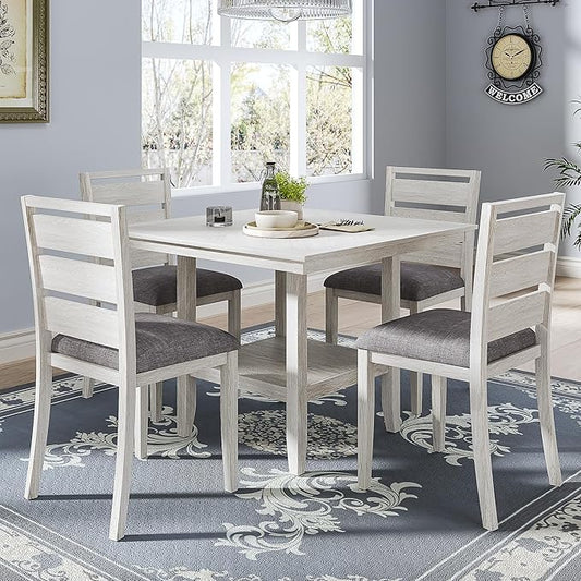 5-Piece Solid Wood Dining Table Set for 4, Modern Breakfast Dinette Kitchen Table with Bench & Chairs for Dining Room, Kitchen, Grey