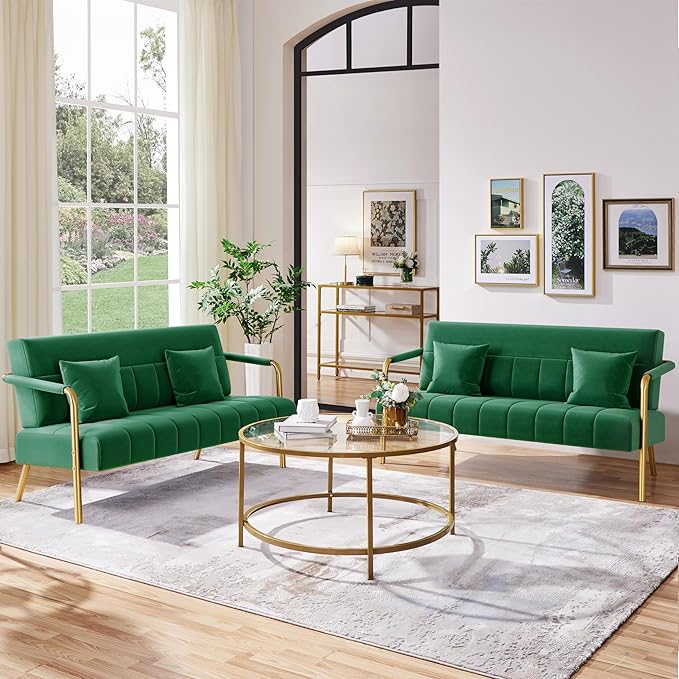 Yaheetech 56.5" W Modern Sofa Small Sofa Luxurious Velvet Fabric Couch with Gold-Tone Metal Arms and Legs for Living Room, Home Office, Studio Green