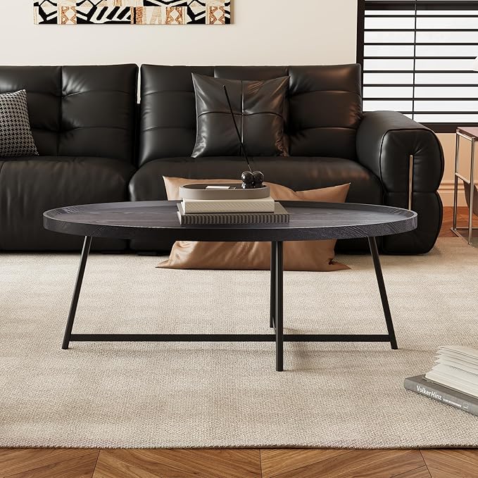 Modern Coffee Table, Oval Wood Coffee Tables Center Table with Metal Leg for Living Room, 47 Inch Table Accent Furniture (Oval Coffee Table, Black)