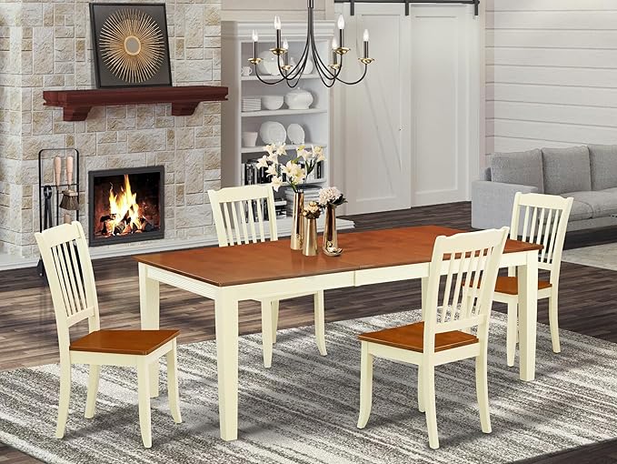 East West Furniture QUDA5-BMK-W 5 Piece Kitchen Table Set for 4 Includes a Rectangle Dining Room Table with Butterfly Leaf and 4 Solid Wood Seat Chairs, 40x78 Inch, Buttermilk & Cherry