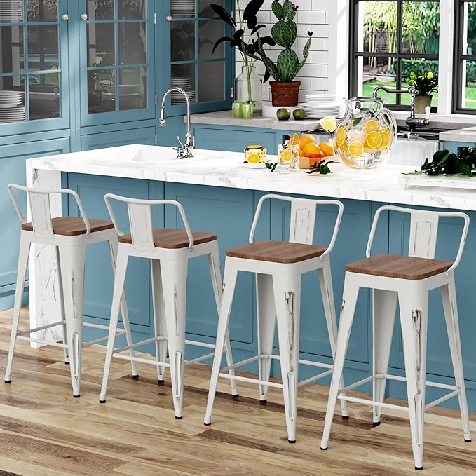 WENTMENT Bar Stools Set of 4 Counter Height Bar Stools Metal Barstools with Removable Back 30" Kitchen Bar Stools with Wooden Seat, Distressed White