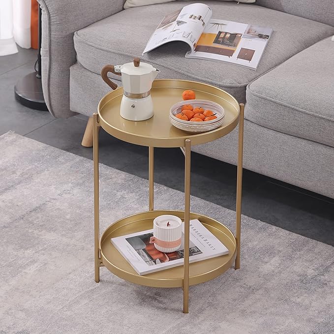 Tiita 2 Pack Round End Table Mental Side Table Nightstand/Small Wood Tables Accent Coffee Table with Wooden Tray for Living Room Bedroom Office Small Space