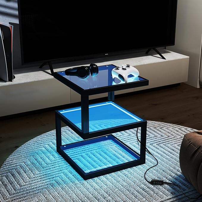 3-Tier Glass Table with LED Strip, Unique S-Shaped Design SideTable, Moderen Black Deco Table for Living Room and Bedside Room