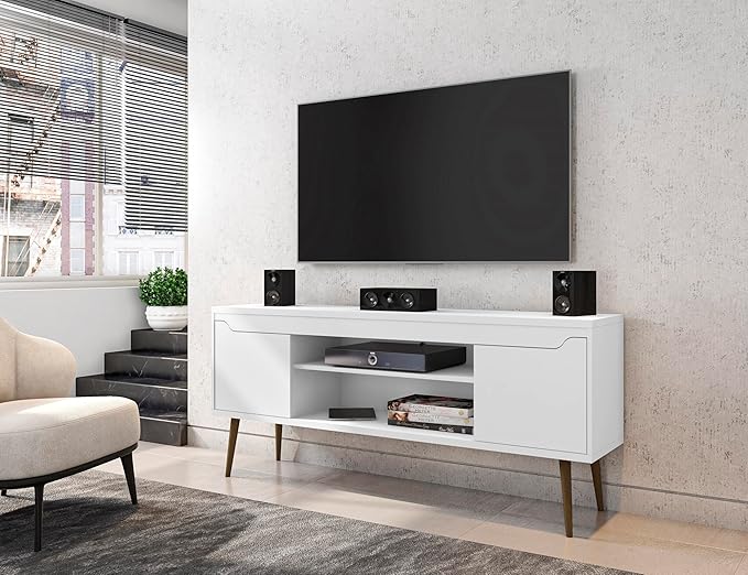 Manhattan Comfort Bradley Mid Century Modern TV Stand for Televisions up to 60 Inches, Living Room Entertainment Center with Storage, Media Shelves and Soft Close Doors, White